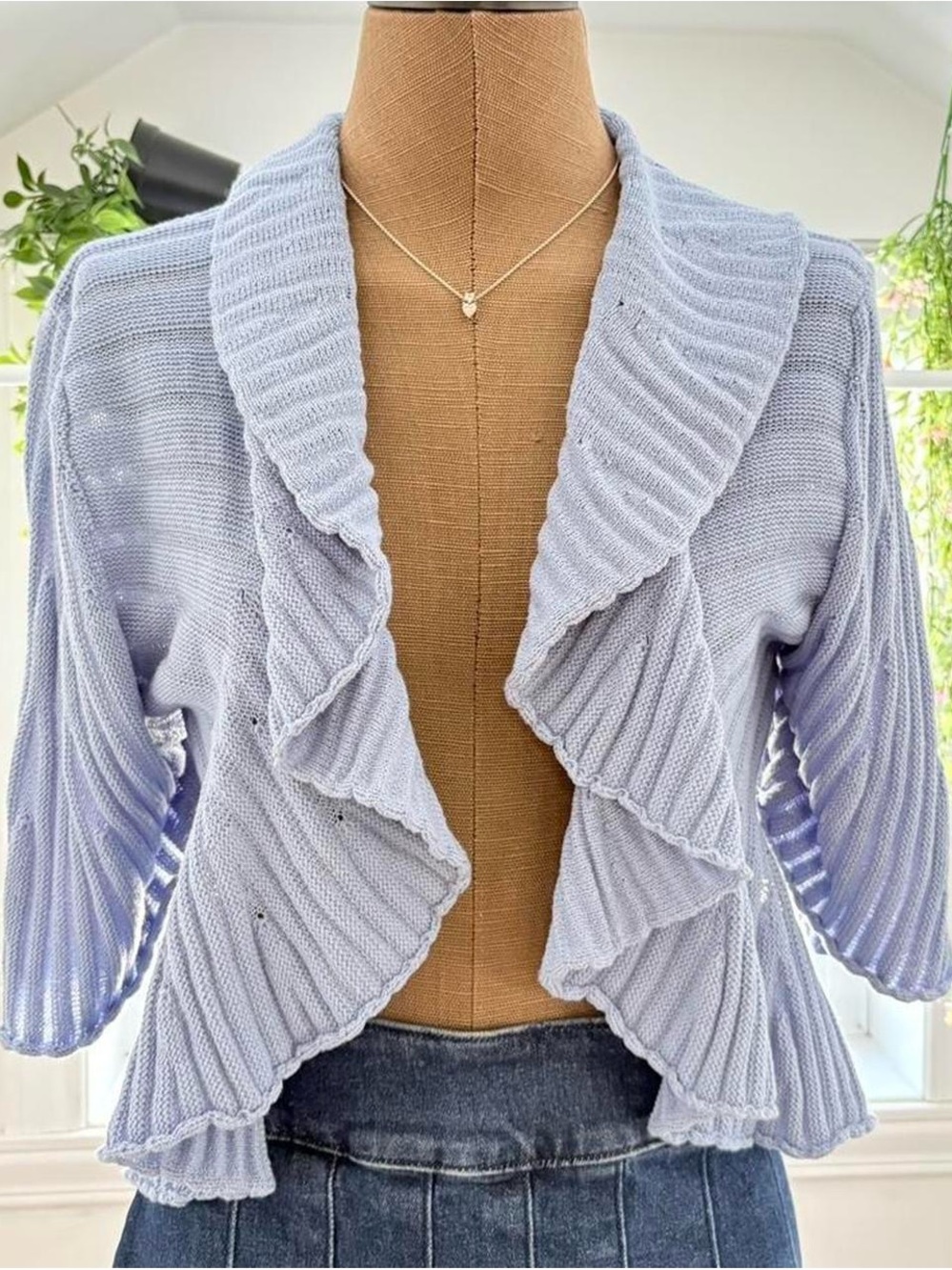 Light Blue Ruffle Open-Front Women's Sweater